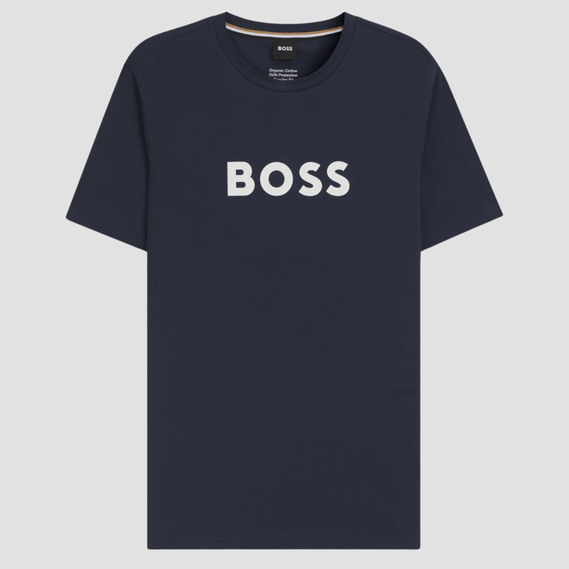 Boss Logo Print Beach T-Shirt in Dark Blue Cotton Jersey