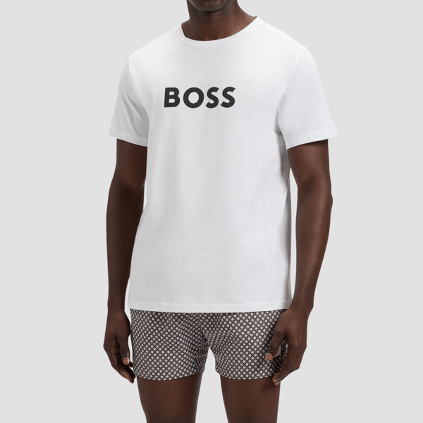 Boss Logo Print Beach T-Shirt in White Cotton Jersey