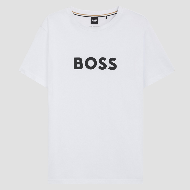 Boss Logo Print Beach T-Shirt in White Cotton Jersey