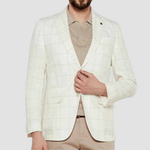 Boss Slim Fit Huston Blazer in White Check Linen Wool Blend