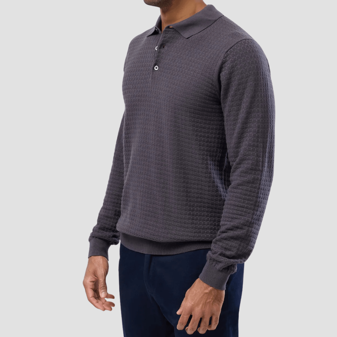 Brooksfield Mens Long Sleeve Knit Polo in Ash Pure Cotton