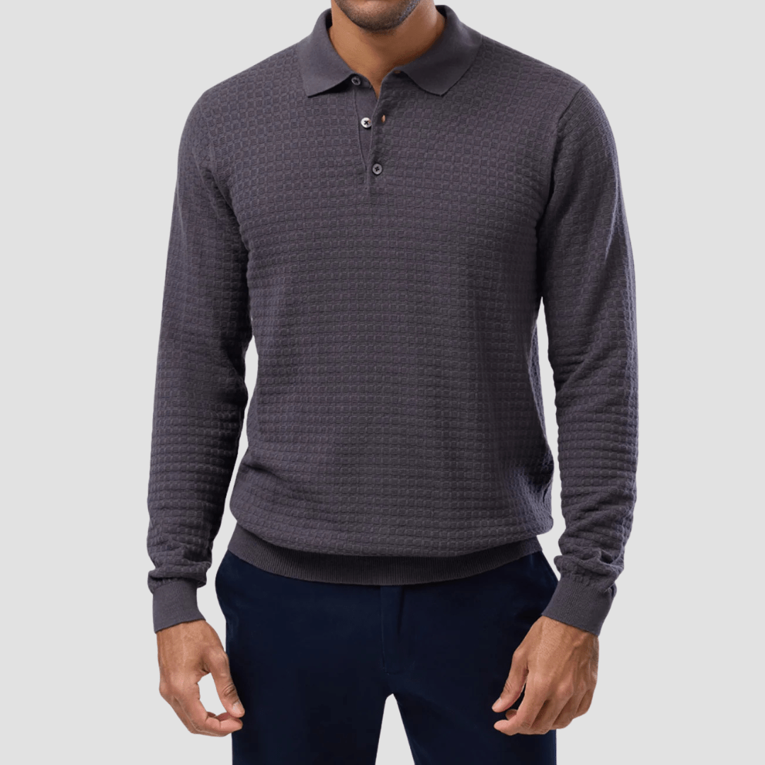 Brooksfield Mens Long Sleeve Knit Polo in Ash Pure Cotton