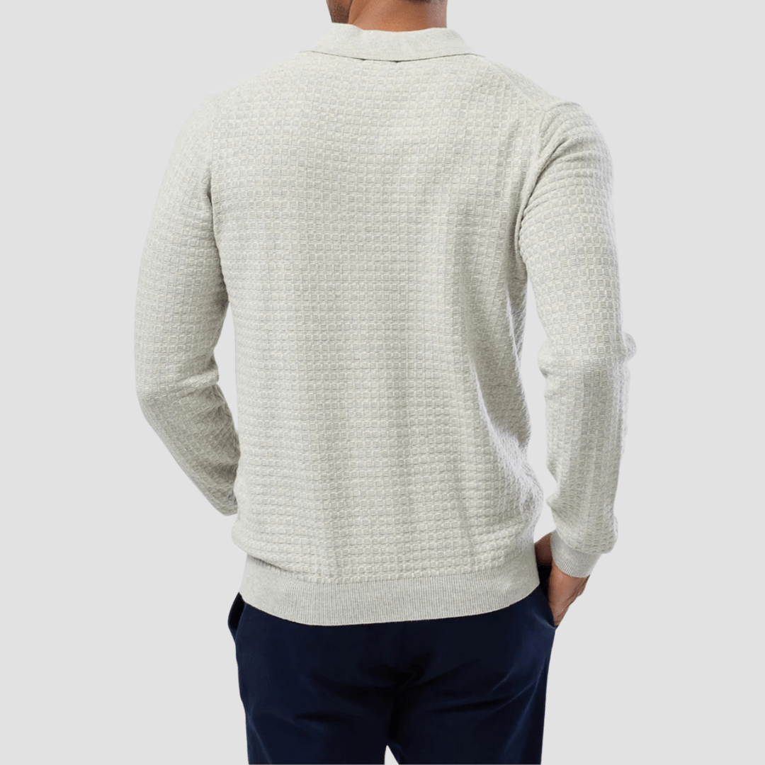 Brooksfield Mens Long Sleeve Knit Polo in Light Grey Pure Cotton