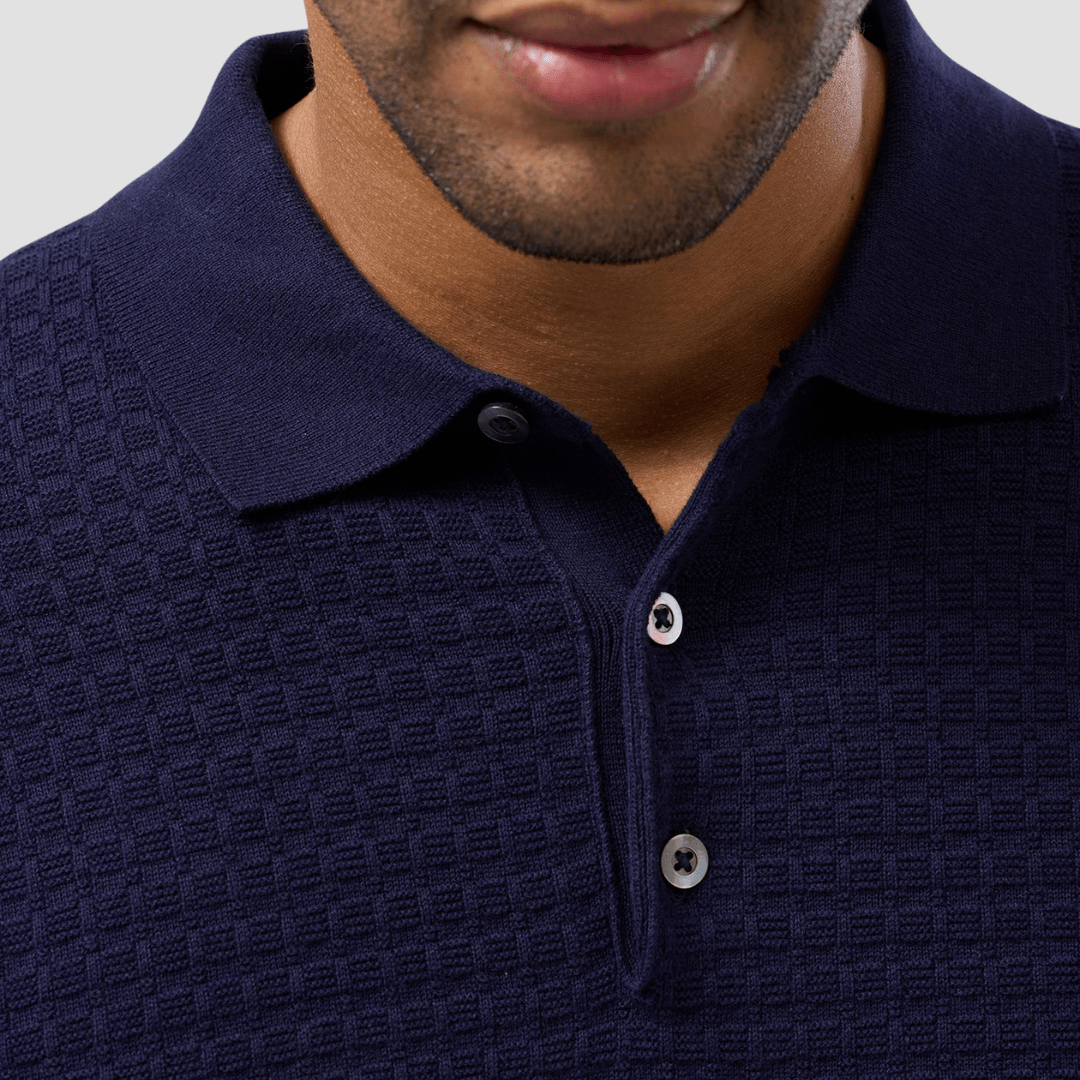Brooksfield Mens Long Sleeve Knit Polo in Navy Pure Cotton