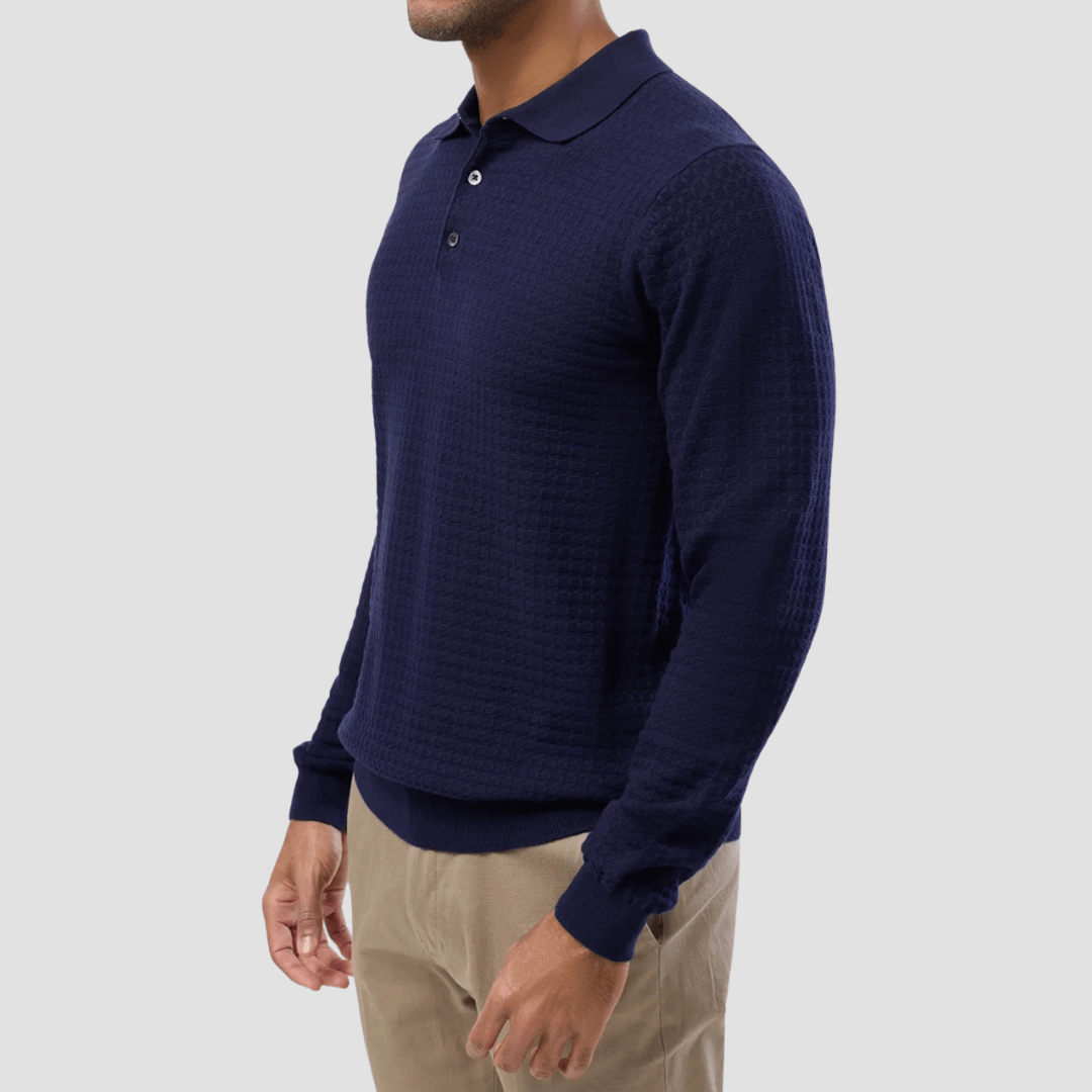 Brooksfield Mens Long Sleeve Knit Polo in Navy Pure Cotton