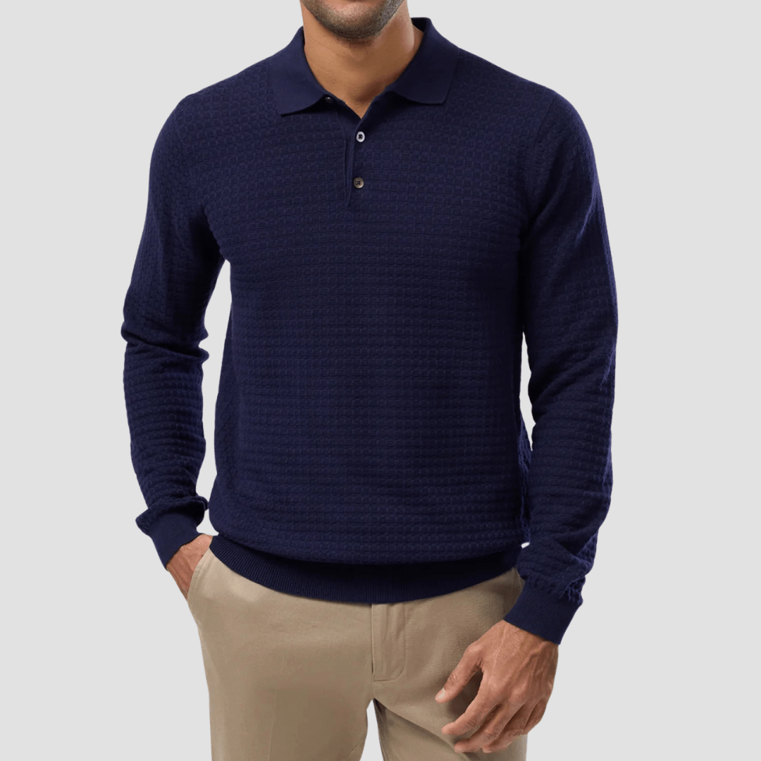 Brooksfield Mens Long Sleeve Knit Polo in Navy Pure Cotton