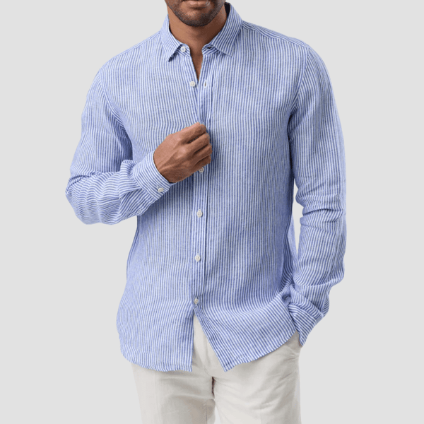 Brooksfield Relaxed Slim Fit Casual Linen Shirt in Blue Stripe