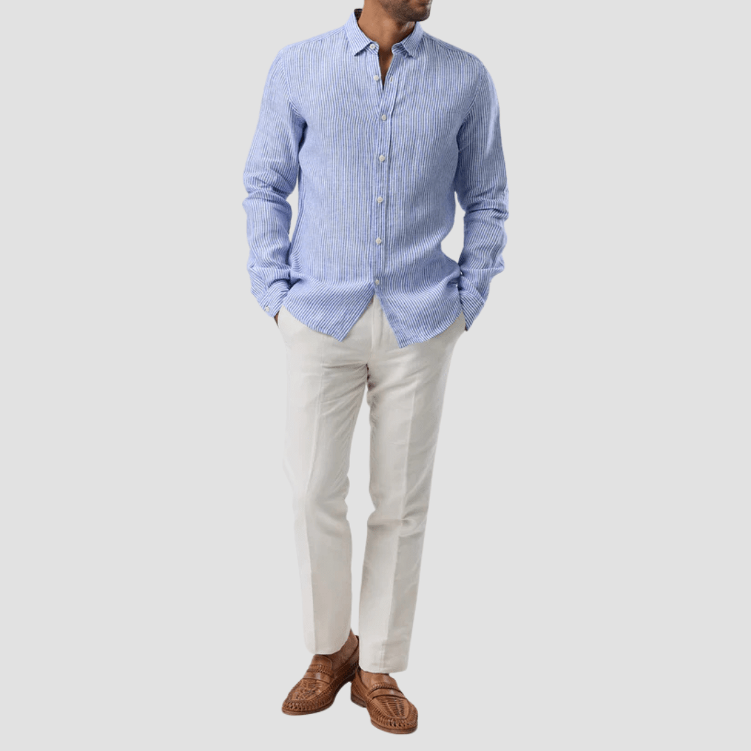 Brooksfield Relaxed Slim Fit Casual Linen Shirt in Blue Stripe