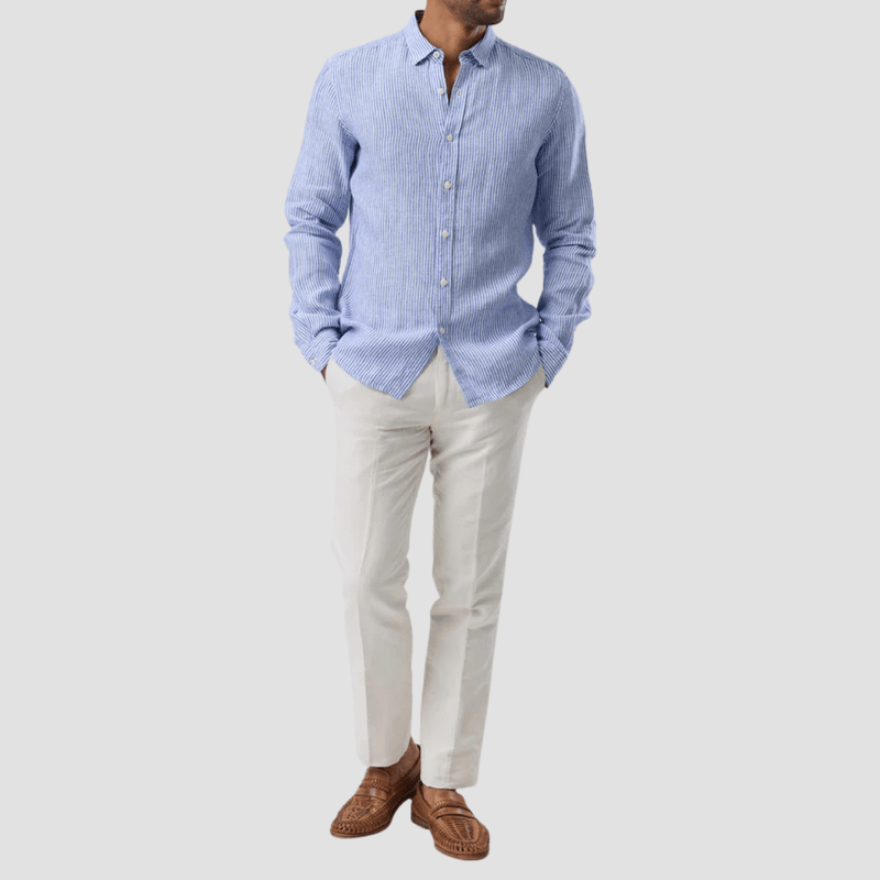Brooksfield Relaxed Slim Fit Casual Linen Shirt in Blue Stripe