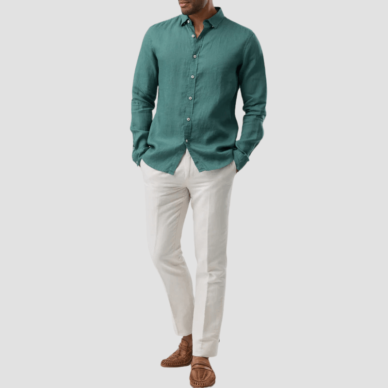 Brooksfield Relaxed Slim Fit Casual Linen Shirt in Green