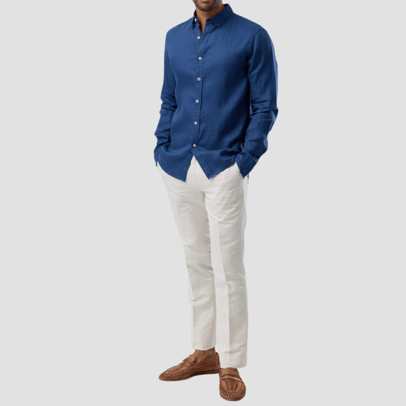 Brooksfield Relaxed Slim Fit Casual Linen Shirt in Indigo