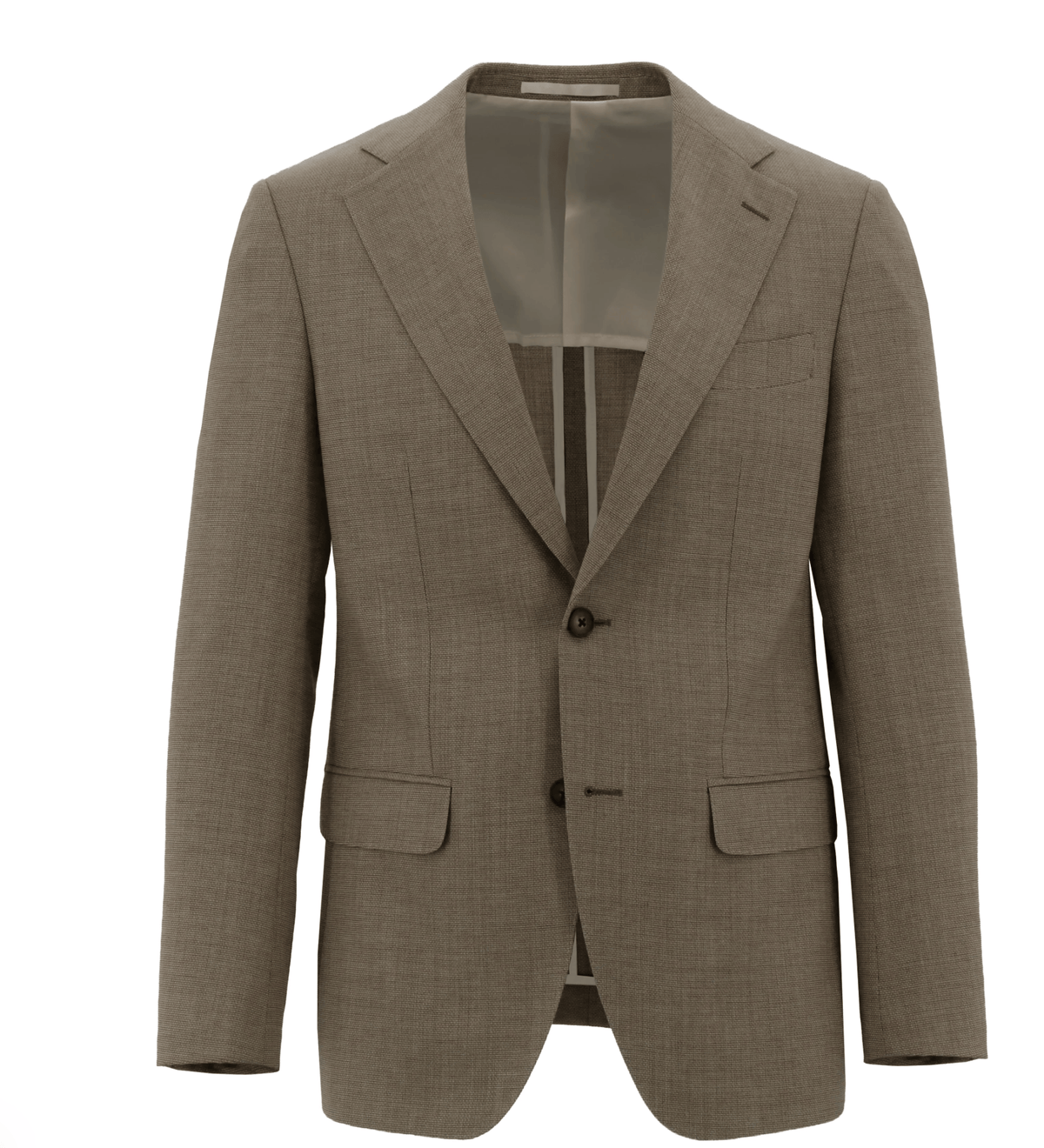 A single-breasted suit jacket in a textured taupe-brown fabric, featuring notch lapels, two dark buttons, and flap pockets, shown against a plain white background.