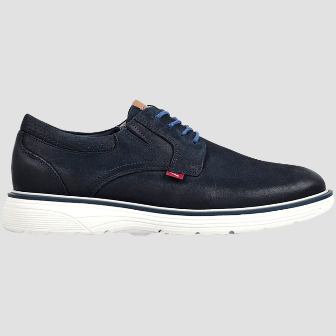 Navy blue leather shoe with white sole 