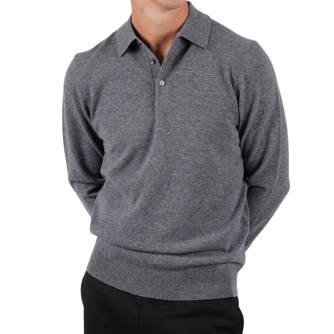 Hardy Amies Knit Polo Grey Marle Merino Wool