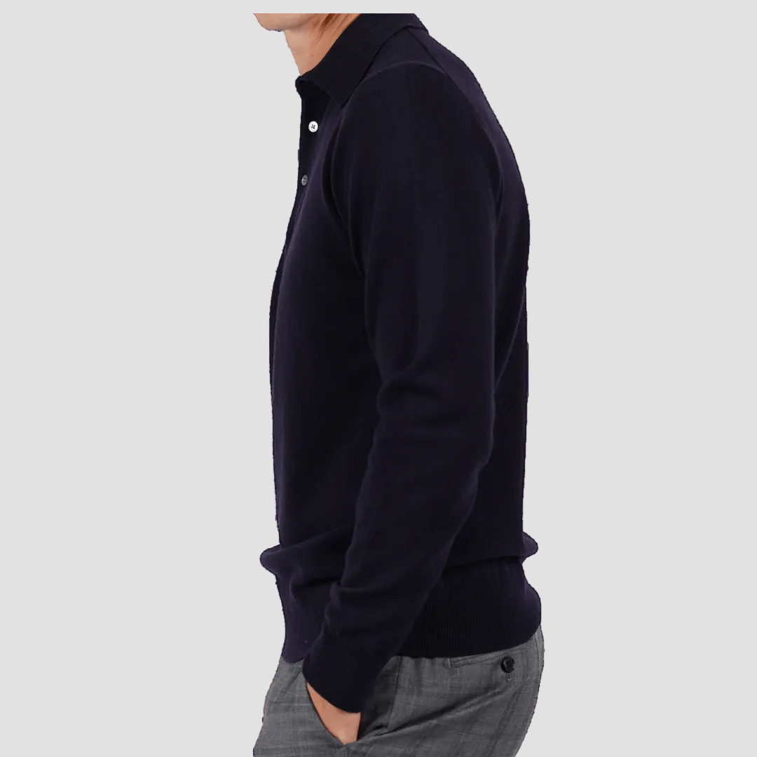 Person wearing a dark blue long-sleeve shirt on a transparent background