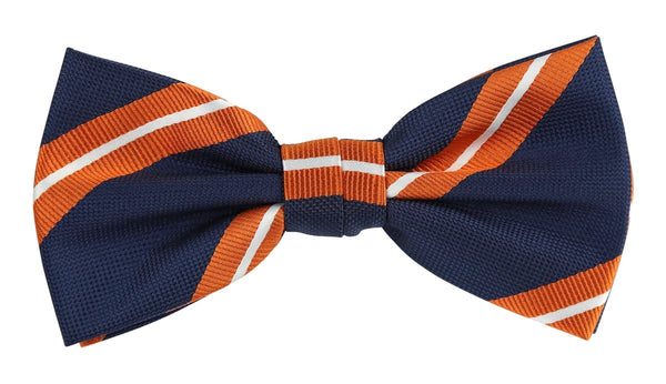 a navy bow tie with a wide orange and white stripe