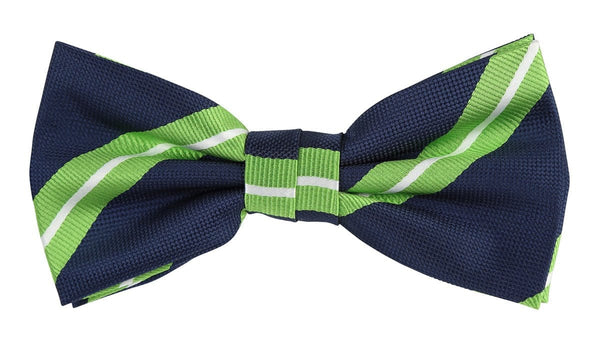 a navy bow tie with a lime and white stripe