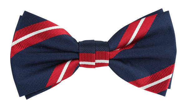 a pre tied navy bow tie with a red and white stripe