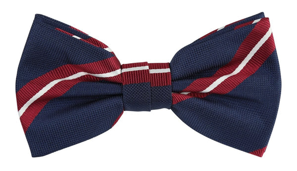 navy bow tie with burgundy and white stripes