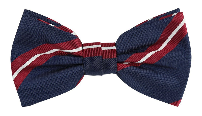 navy bow tie with burgundy and white stripes