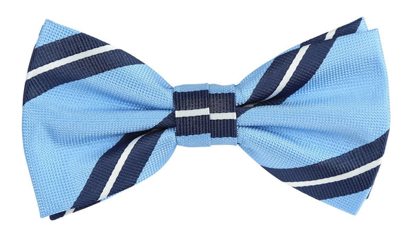 a light blue mens bow tie with navy a white stripe