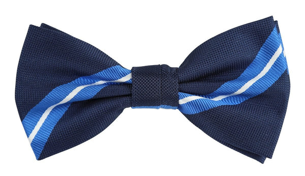 a navy bow tie with a blue and white stripe in high quality woven microfiber