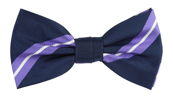 a navy woven bow tie with a purple and white stripe