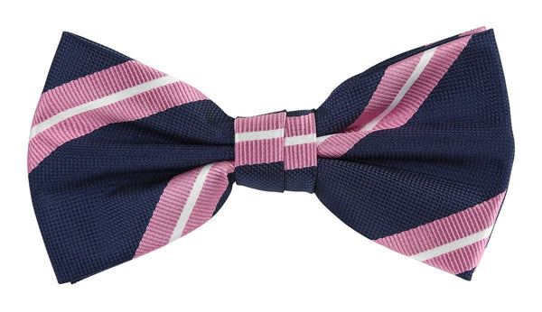 a pre tied navy bow tie with a pink and white stripe