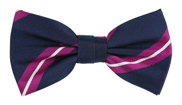 a navy tie with a magenta and white stripe