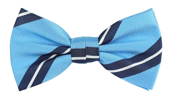 a turquoise blue bow tie with a navy and white stripe 