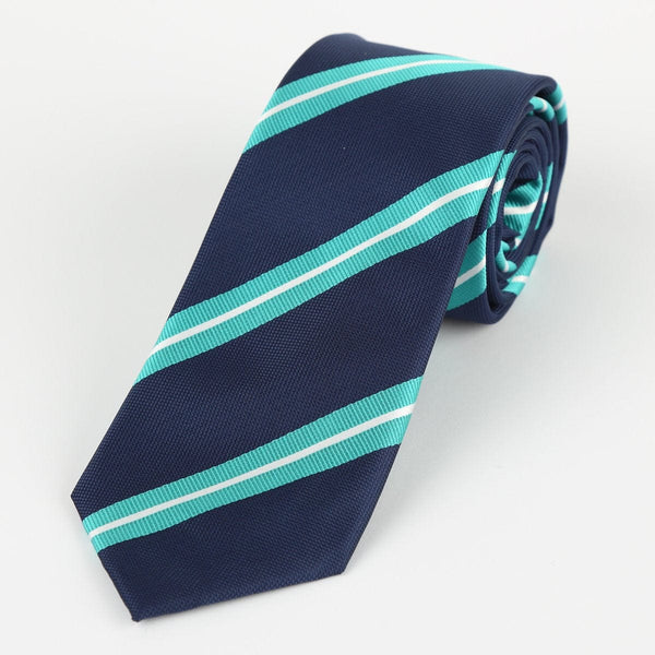James Adelin Luxury Neck Tie in Navy, Aqua and White Regimental Stripes