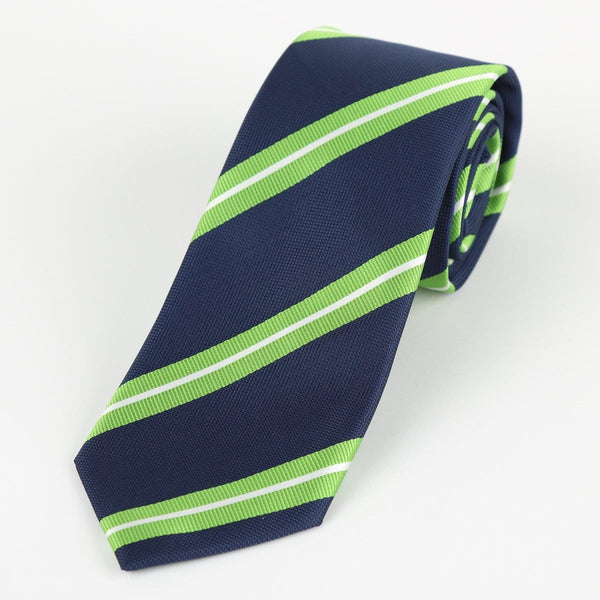 James Adelin Luxury Neck Tie in White, Navy and Lime Regimental Stripes