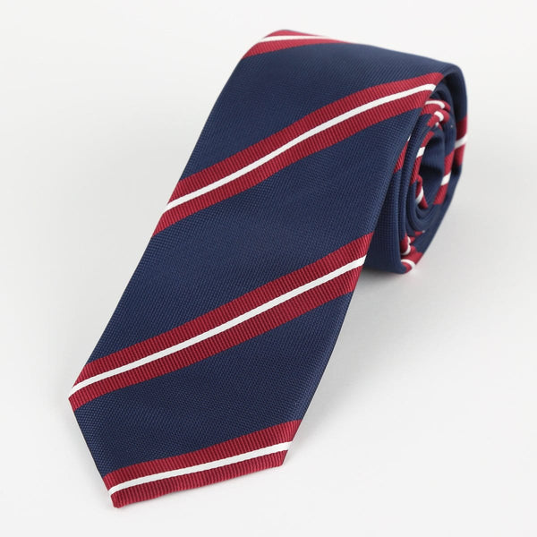 James Adelin Luxury Neck Tie in White, Navy and Burgundy Regimental Stripes