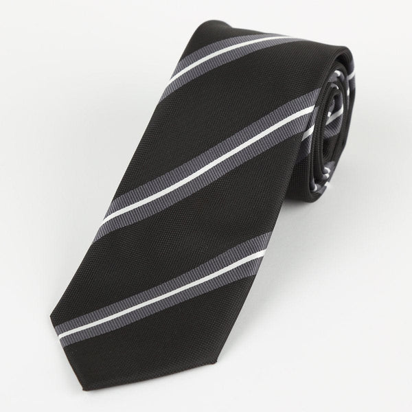 James Adelin Luxury Neck Tie in Black, Charcoal and White Regimental Stripe