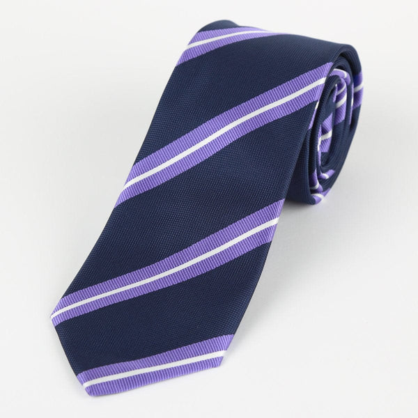 James Adelin Luxury Neck Tie in Navy and Purple Regimental Stripe