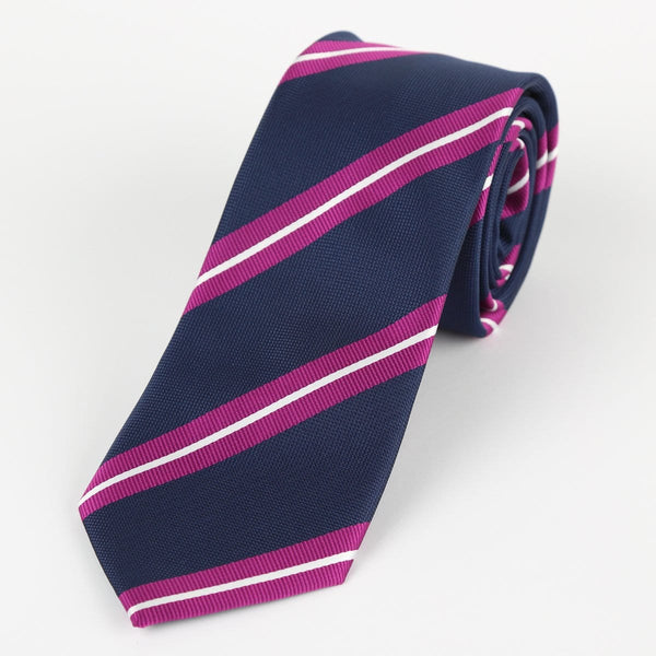 James Adelin Luxury Neck Tie in White, Navy and Magenta Regimental Stripes