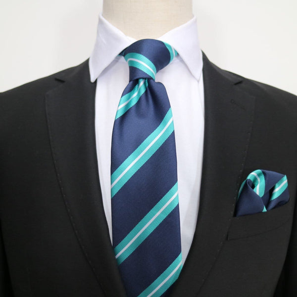 James Adelin Luxury Neck Tie in Navy, Aqua and White Regimental Stripes