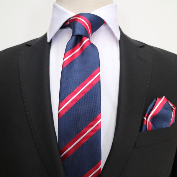 James Adelin Luxury Neck Tie in Navy, Red and White Regimental Stripe