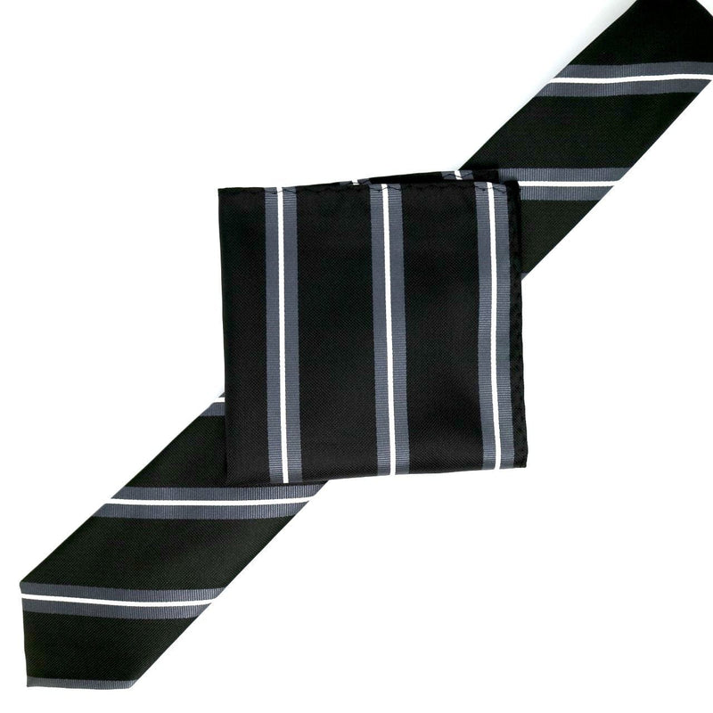 James Adelin Luxury Neck Tie in Black, Charcoal and White Regimental Stripe