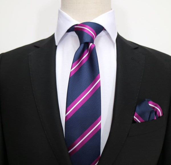 James Adelin Luxury Neck Tie in White, Navy and Magenta Regimental Stripes
