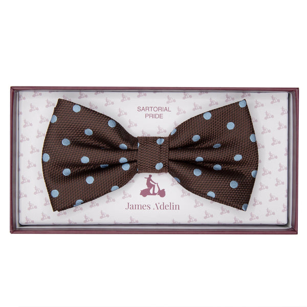 James Adelin Luxury Textured Weave Polka Dot Bow Tie in Brown/Sky