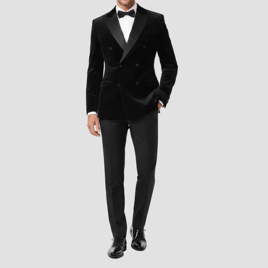 Black tuxedo jacket on a light gray background
