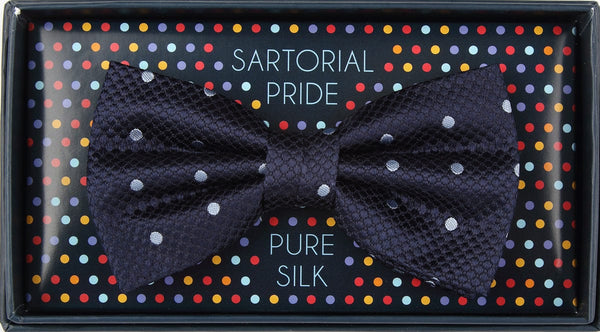 James Adelin Luxury Pure Silk Polka Dot Square Weave Bow Tie in Navy/Sky