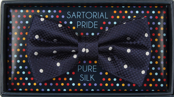 James Adelin Luxury Silk Polka Dot Square Weave Silk Bow Tie in Navy/White