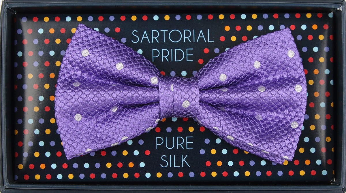 James Adelin Luxury Pure Silk Polka Dot Square Weave Bow Tie in Purple/White