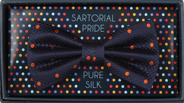 James Adelin Luxury Pure Silk Polka Dot Bow Tie in Navy/Orange Square Weave