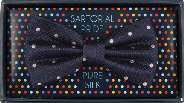 James Adelin Luxury Silk Polka Dot Square Weave Silk Bow Tie in Navy/Pink