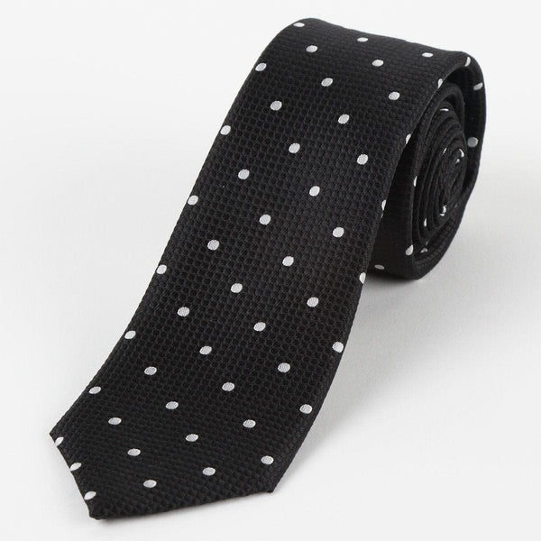 James Adelin Mens Silk Neck Tie in Black and White Polka Dot Square Weave