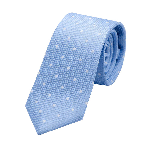 James Adelin Mens Silk Neck Tie in Sky and White Polka Dot Square Weave