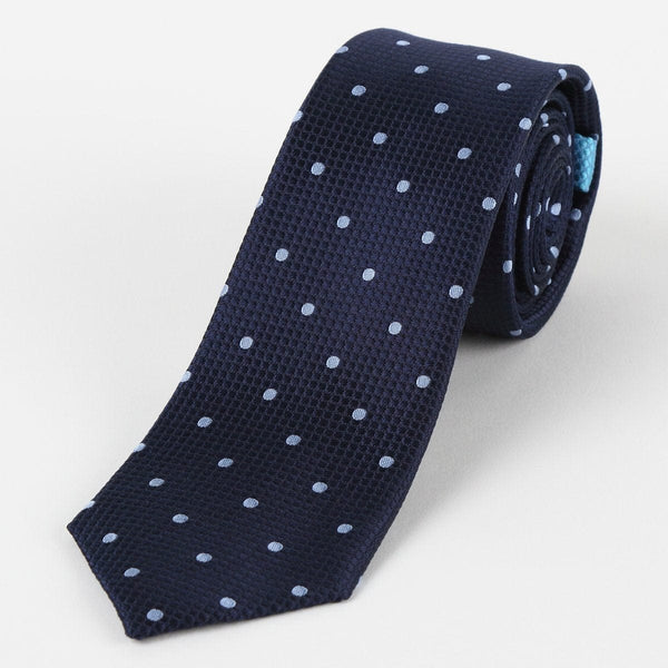 James Adelin Mens Silk Neck Tie in Navy and Sky Polka Dot Square Weave